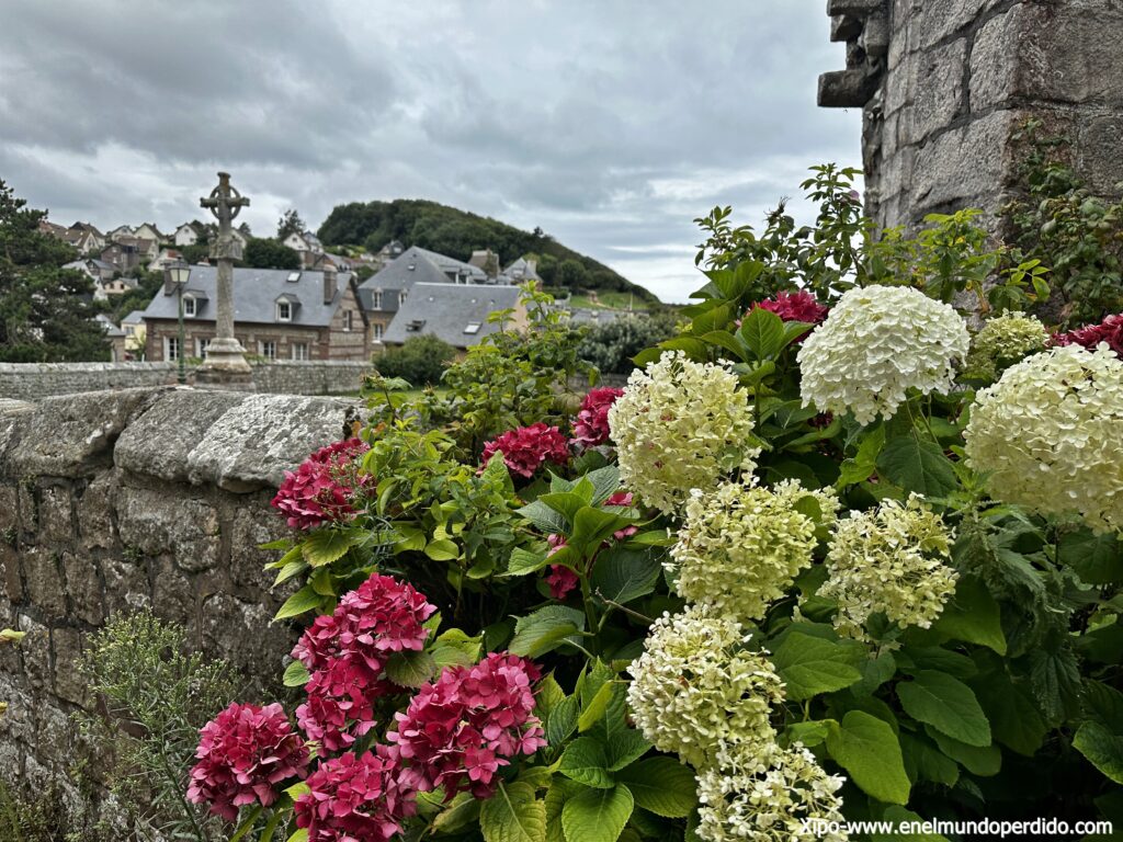 Calle del casco histórico de Veules-les-Roses con fachadas normandas y flores